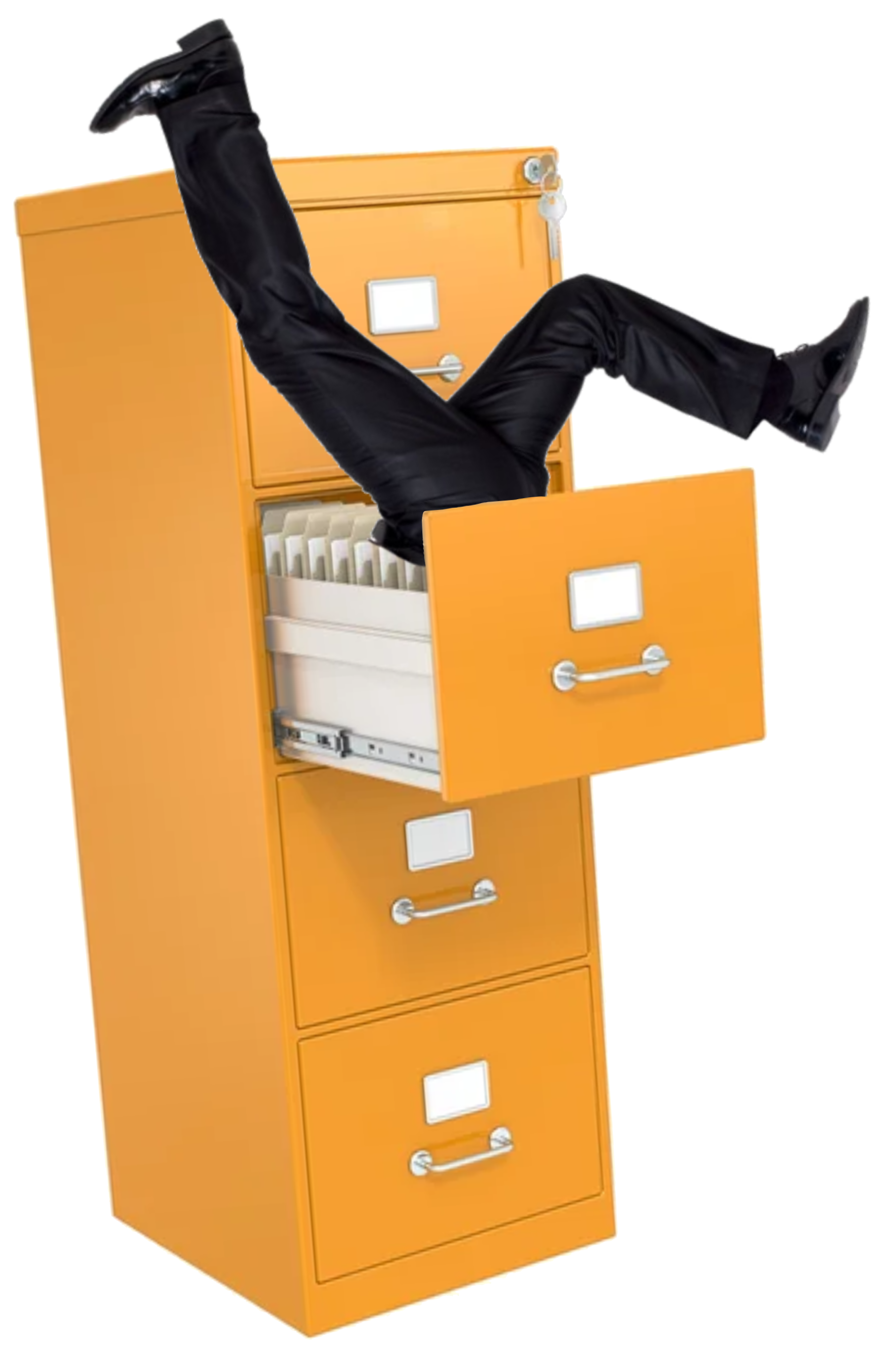 Image of legs sticking out of a bright orange filing cabinet